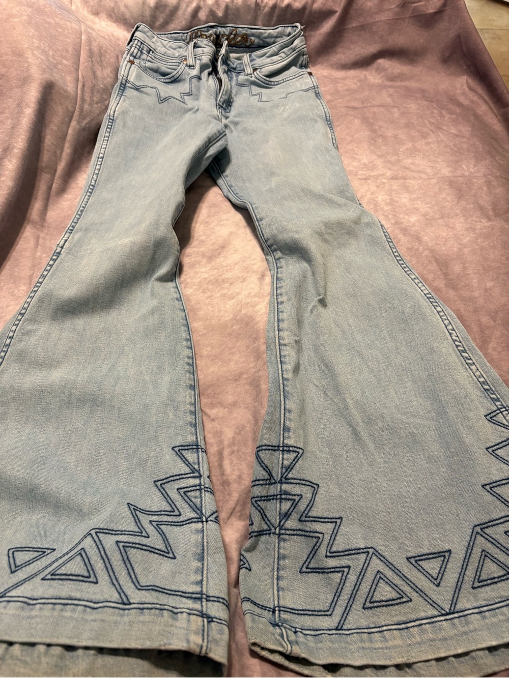 Wrangler Light Blue Flare Jeans with Dark Blue Geometric Stitching